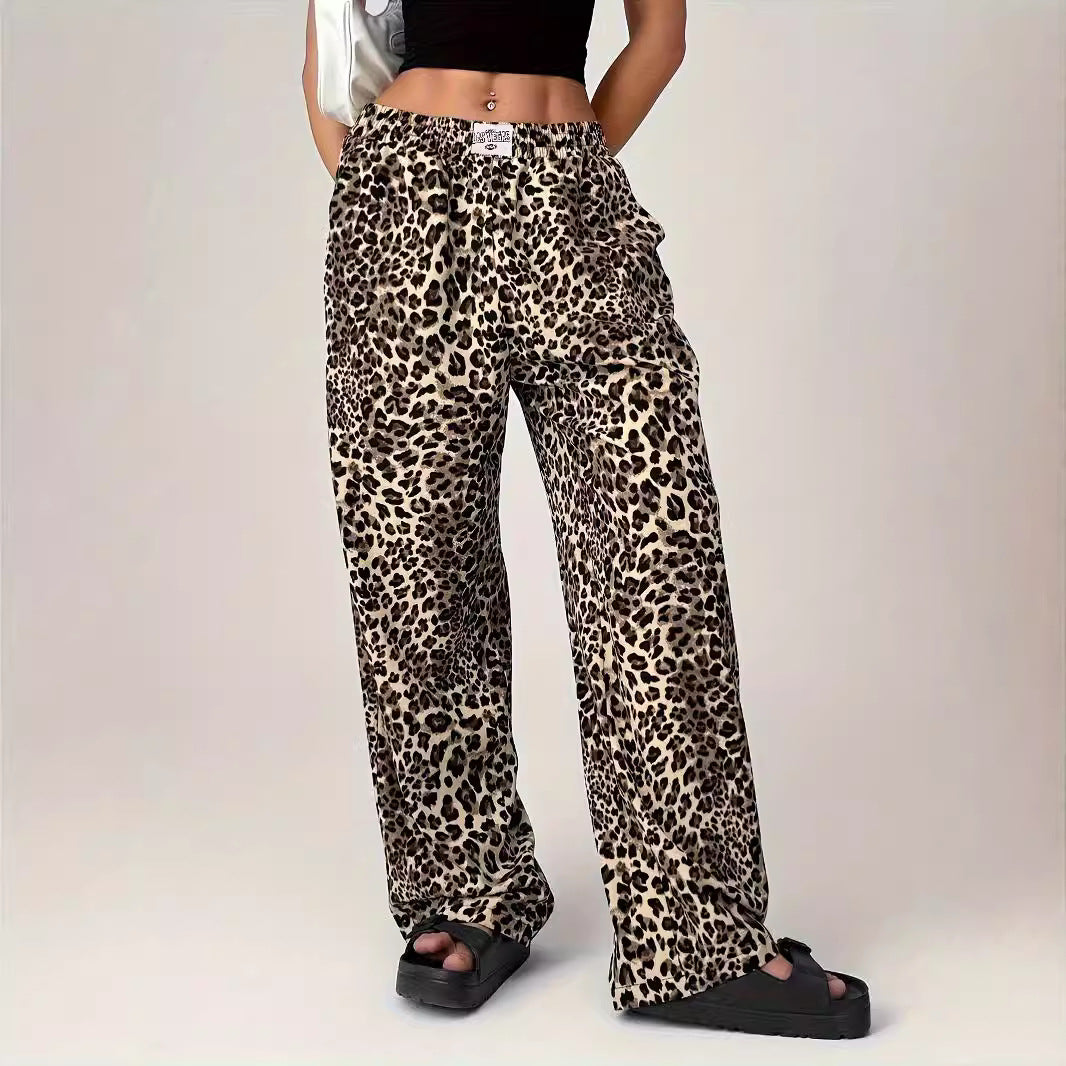 Pantaloni dritti casual stampati con stampa leopardata, pantaloni larghi e larghi per le donne