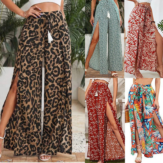 Trendy Leopard Print Casual Tassel Lace-up Waist Leopard Print Wide-leg Pants