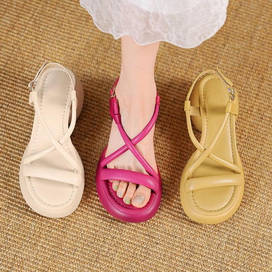 Round Head Chunky Heel Fashion Thin Strap Woven Sandals