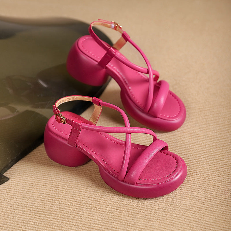 Round Head Chunky Heel Fashion Thin Strap Woven Sandals