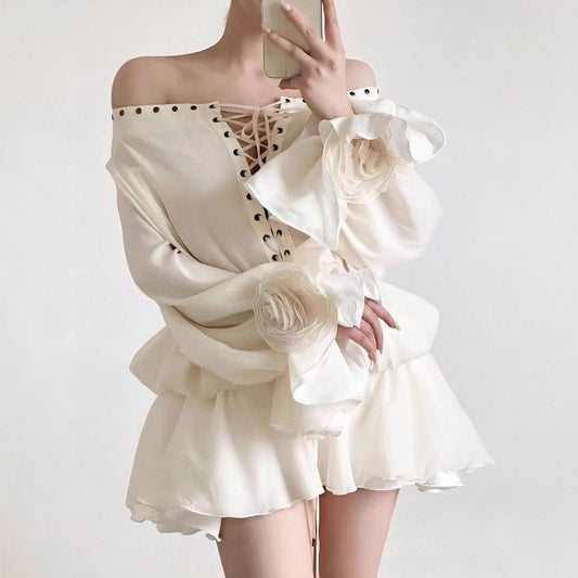 Hemd Glockenärmel Locker Langarm Kurzes Kleid