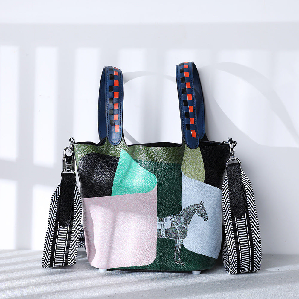Cowhide Painted Vegetable Basket Portable Women's Bag Adjustable Shoulder Strap