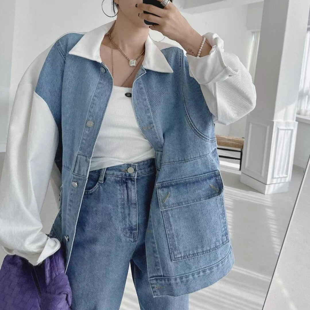 All-matching Fashion Color Contrast Stitching Denim Baggy Coat Women