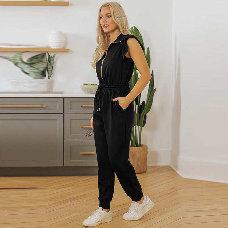 Lässiger, vielseitiger Jumpsuit mit hoher Taille und mehreren Taschen für Damen in reiner Farbe