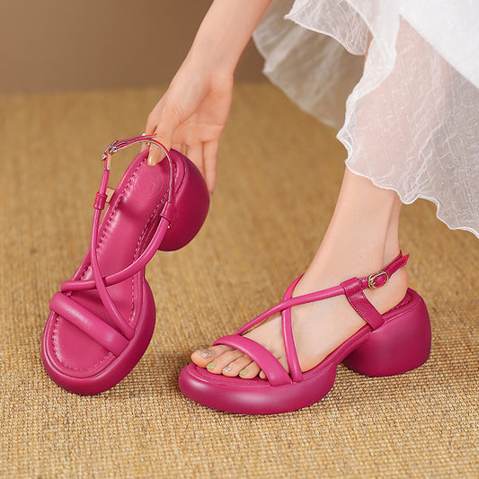 Round Head Chunky Heel Fashion Thin Strap Woven Sandals