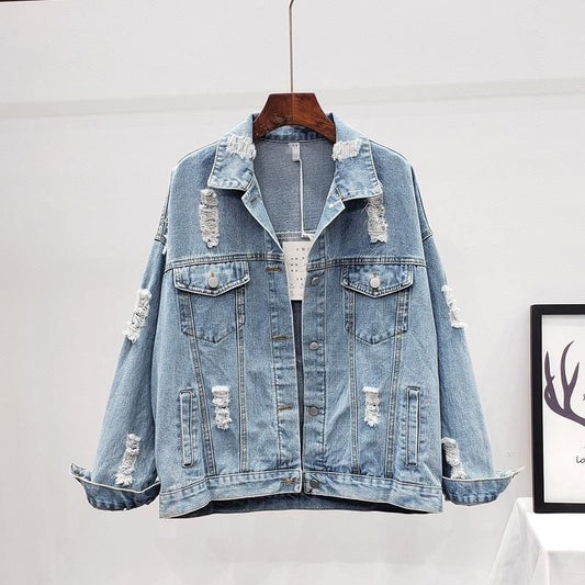 Giacca larga in stile coreano, denim strappato pesante