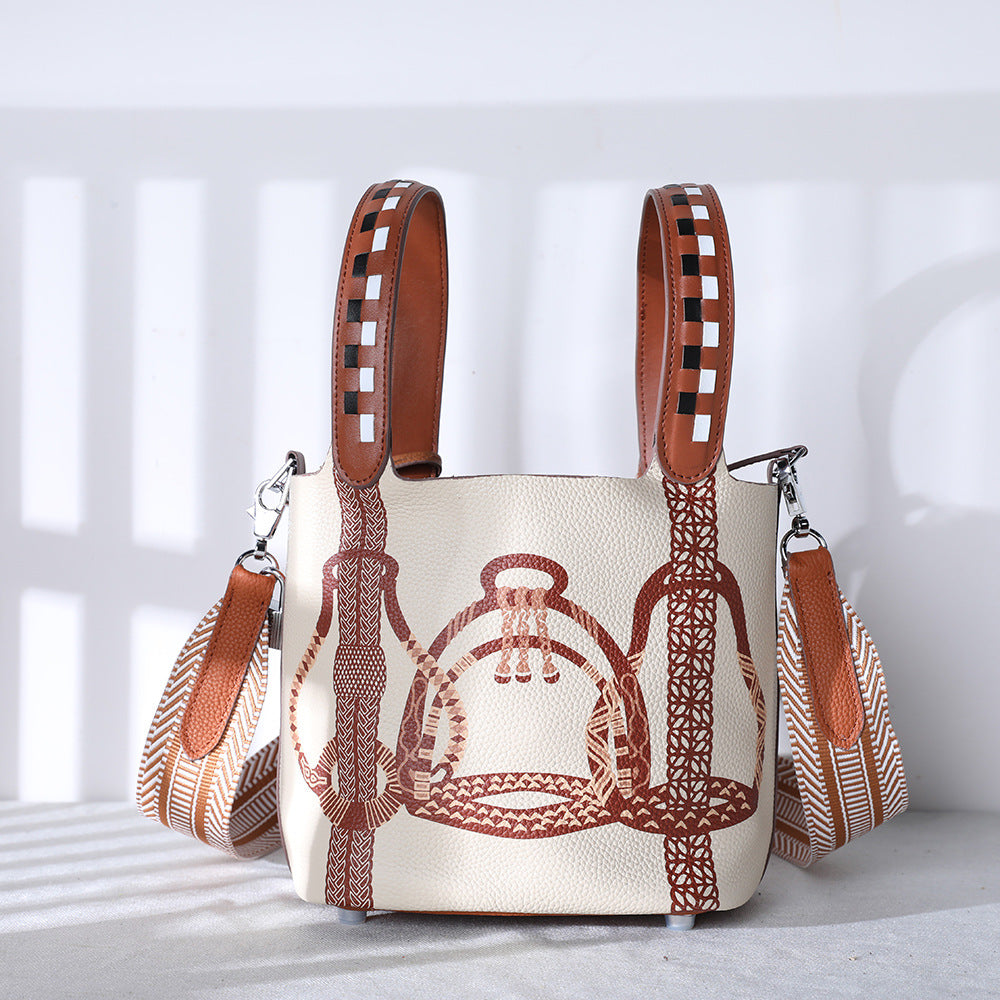 Cowhide Painted Vegetable Basket Portable Women's Bag Adjustable Shoulder Strap