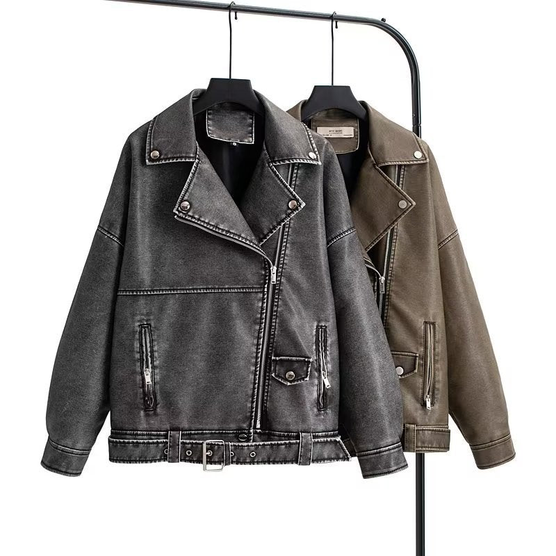 European And American Style Washed PU Leather Jacket Women