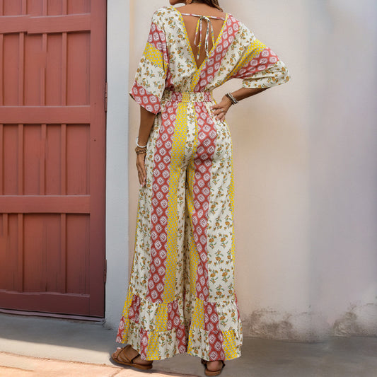 New Bohemian Style Printed Retro Style High Waist One-piece Trousers For Women