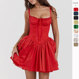 Sexy Spitzen-Hosenträgerkleid Sommermode Schnürung Schlanke Taille Plissee Kurze Kleider Für Damenbekleidung
