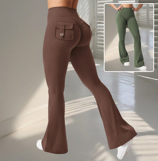 Pantaloni svasati da yoga e fitness con tasche, pantaloni sportivi alla moda a vita alta