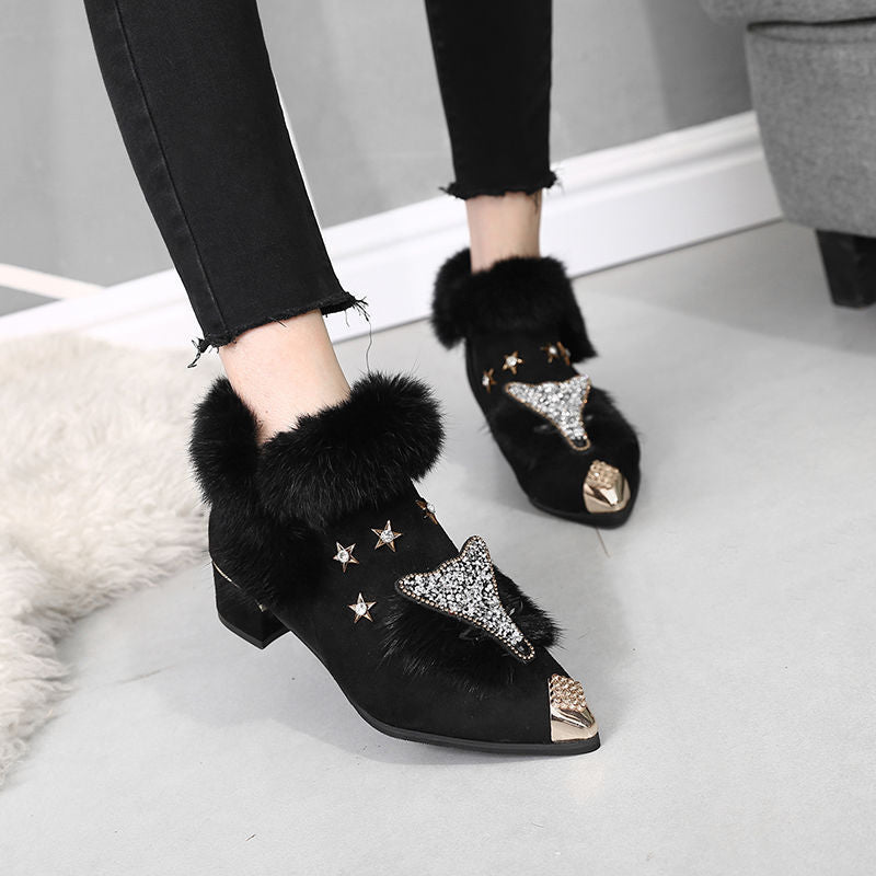 Plus Fleece Pointed Toe Thick Mid High Heel Boots