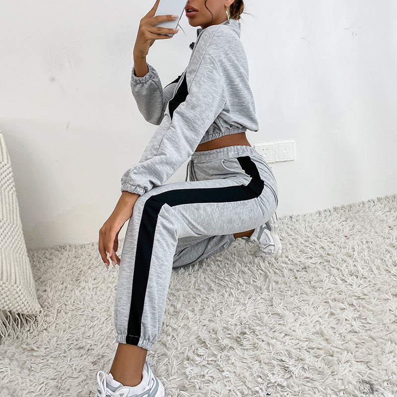 Women's Sports Stand Collar Suit Contrast Color Sweatshirt Two-piece Set