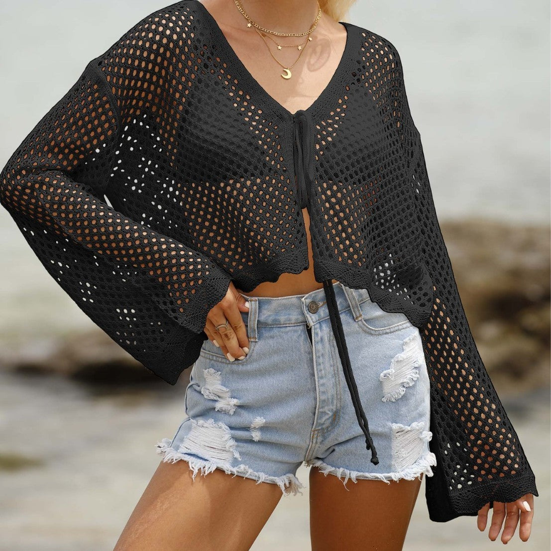 Women's Lace-up Cardigan Hollow-out Beach Sun Protection Long-sleeved Blouse