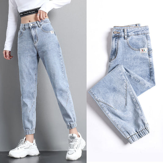 Jeans alla caviglia con fascia da strada da donna, alla moda coreana, larghi