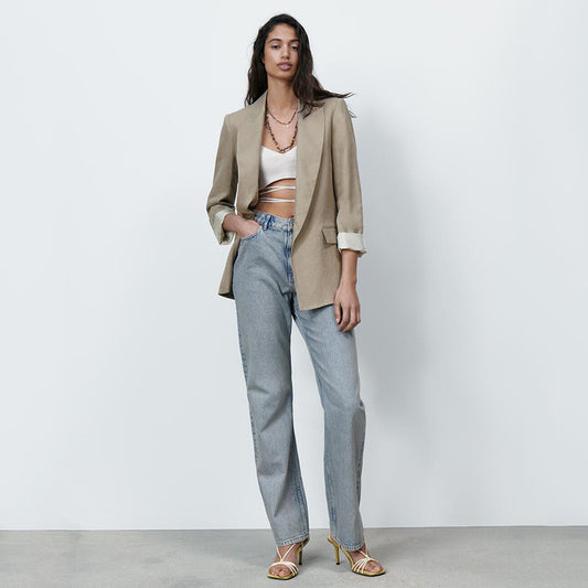 Abito in lino arricciato con polsini snellenti e larghi