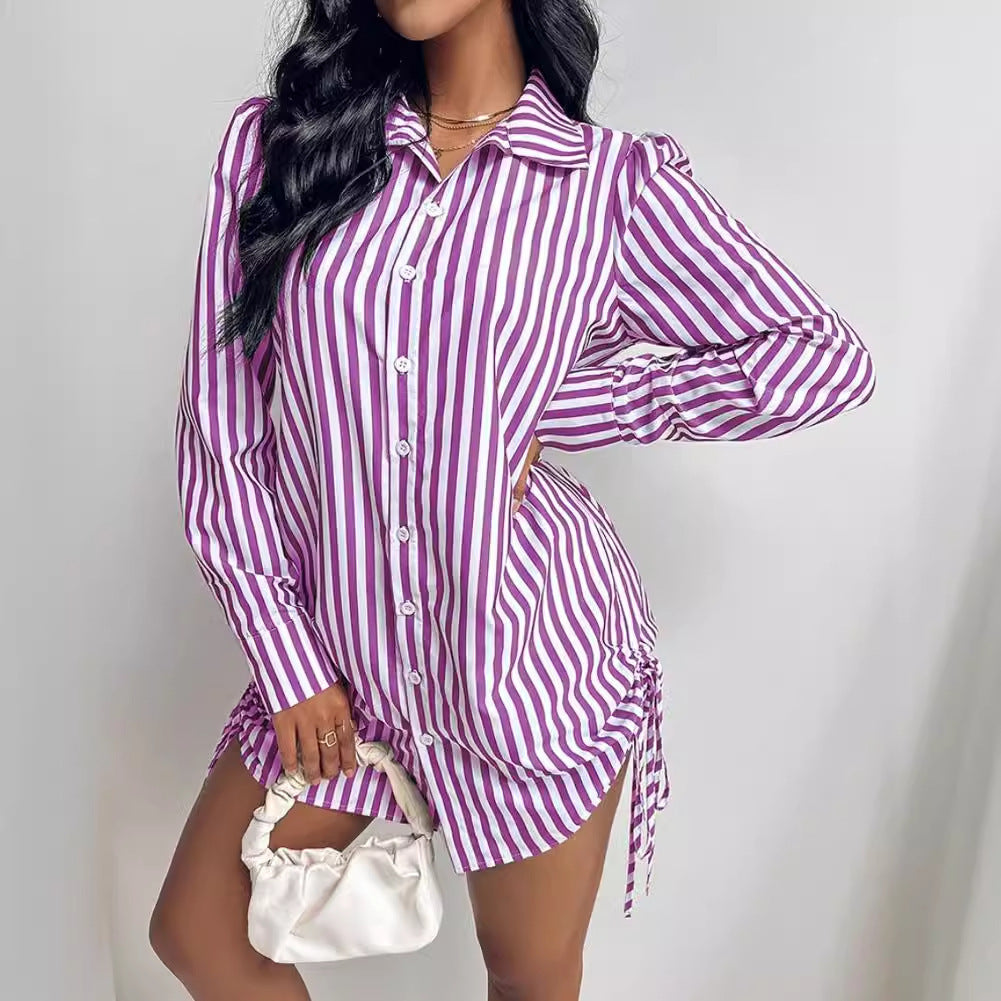 Abito-camicia a righe a contrasto di colore, a maniche lunghe, con risvolto, da donna
