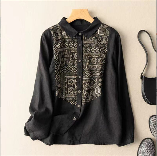 Damen Baumwoll-Leinen-Hemden mit literarischen Vintage-Patch-Tops