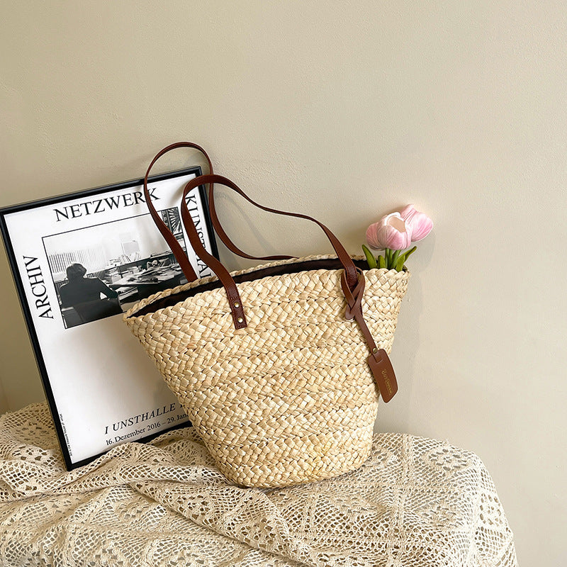 Large Capacity Straw Woven Bag Women's Woven Portable Vegetable Basket Bag