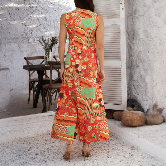 Vestito da vacanza senza maniche a trapezio con stampa a contrasto di colore, abbigliamento da donna