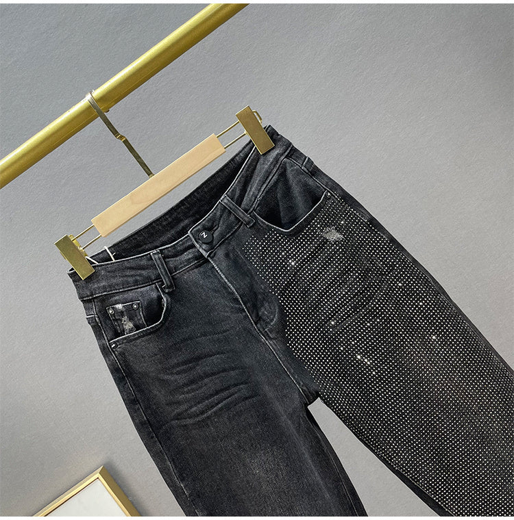 Jeans larghi da donna in cotone elasticizzato a vita alta snellenti con strass caldi
