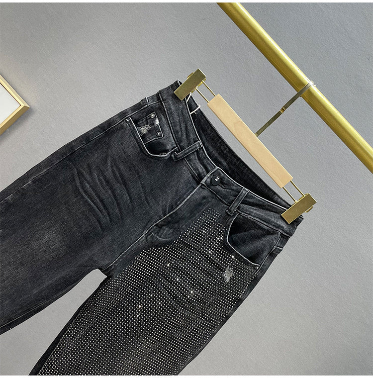 Jeans larghi da donna in cotone elasticizzato a vita alta snellenti con strass caldi