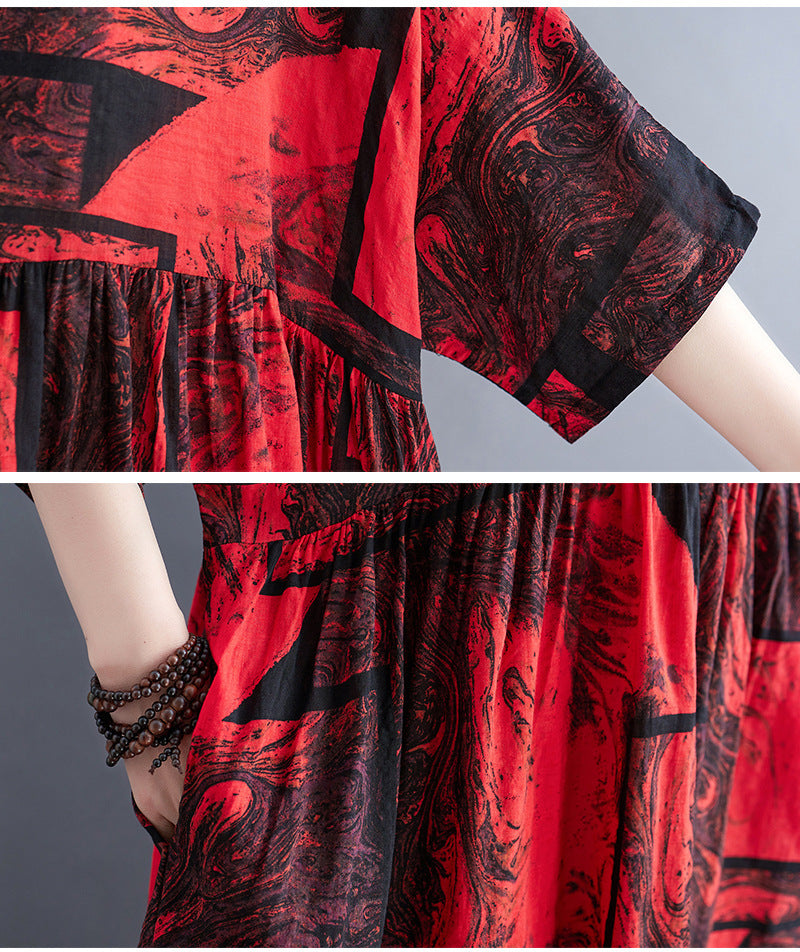 Retro Anti-aging Printed Breathable Short Sleeve Swing Dress For Women