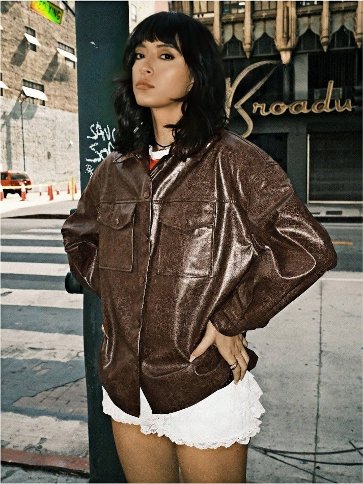 Single-breasted Solid Color Pocket PU Fashion Casual Jacket Top