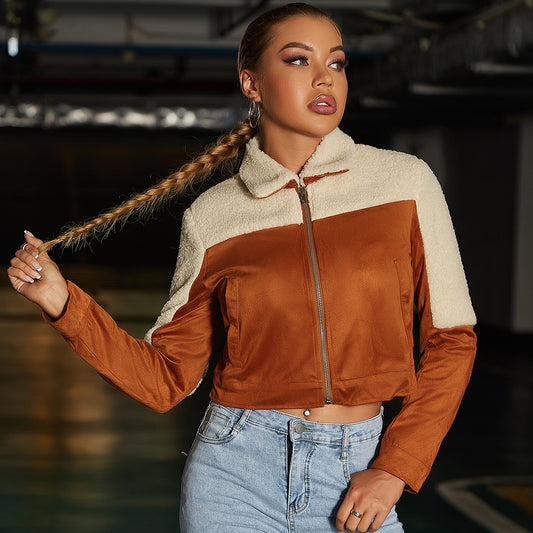 Langärmliger Kurzmantel aus Wildleder mit Revers