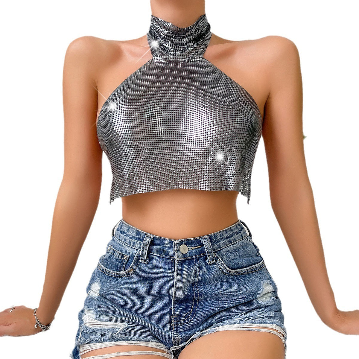 Canotta a collo alto con paillettes alla moda da donna