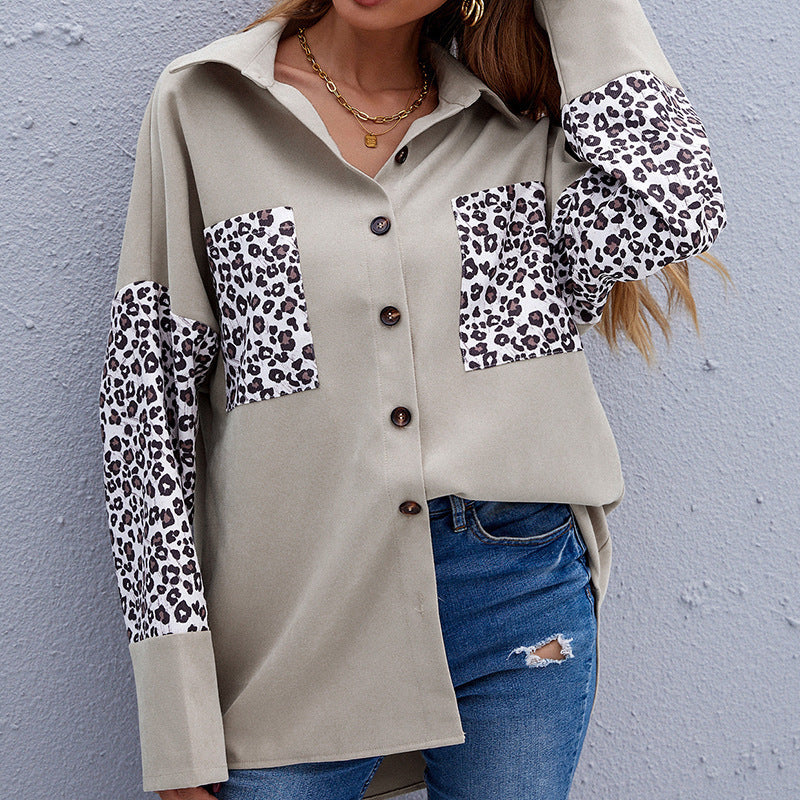 Hemd Jacke Revers Hemd Nähte Leopard Print Langarm Strickjacke Shirt Frauen