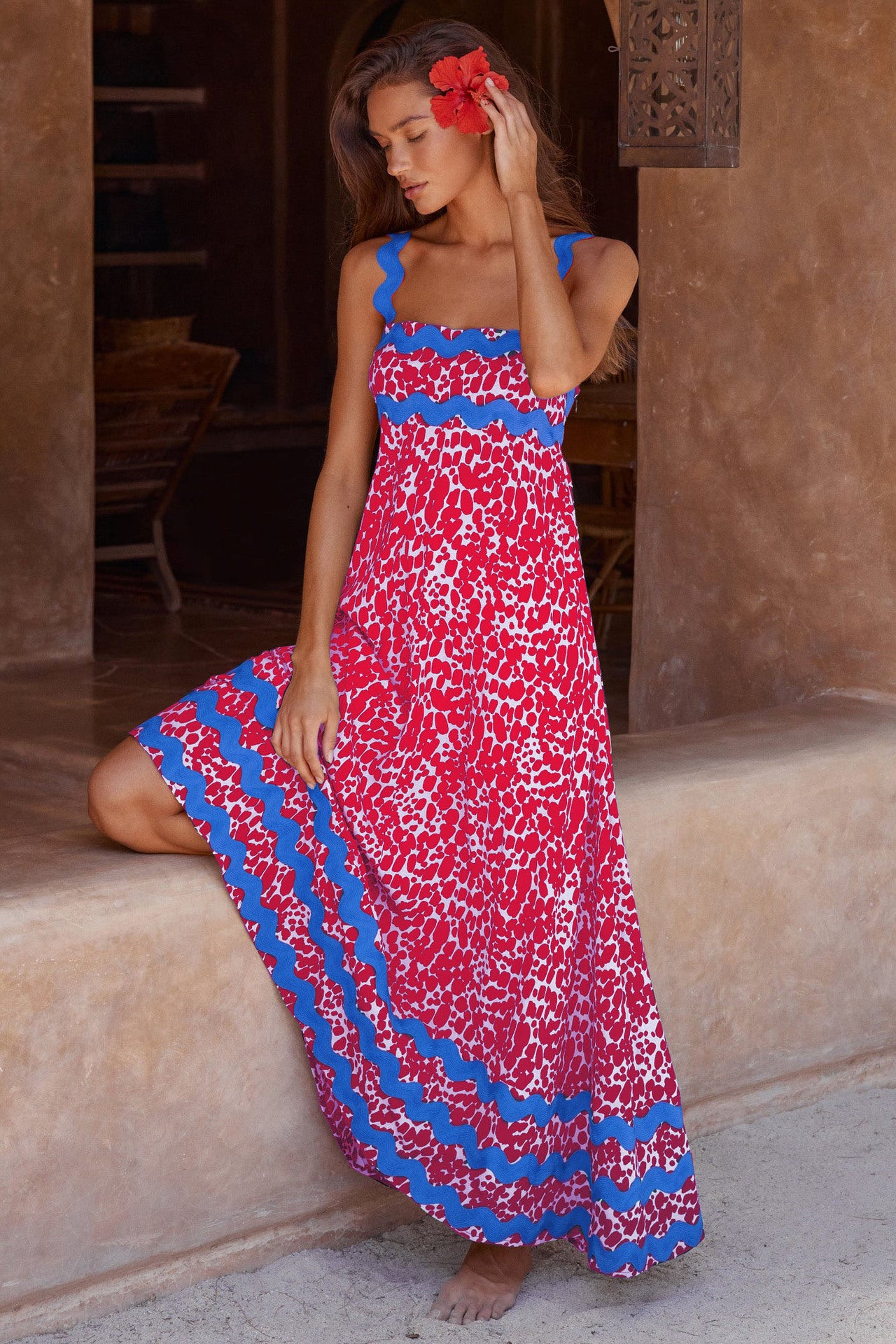 Flowers Print Wavy Pattern Suspender Long Dress