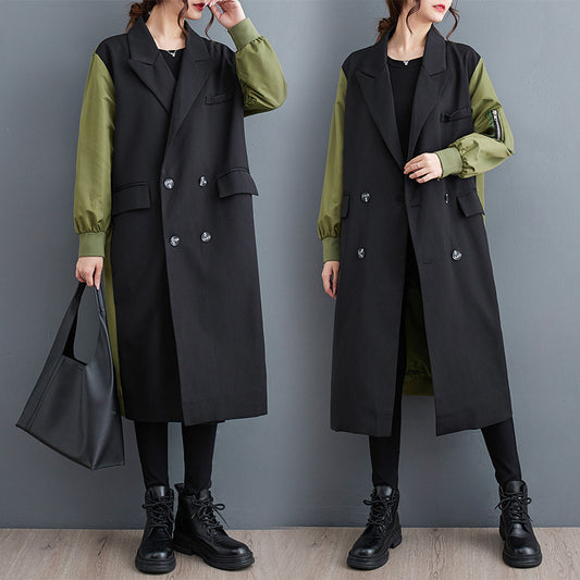 Trench cardigan con colletto a doppio strato, coordinato con i colori, per il tempo libero e il temperamento