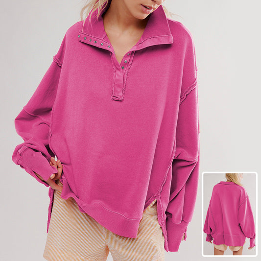 Fashion Button Lapel Sweatshirt With Slit Design Casual Sports Lantern Sleeve Pullover