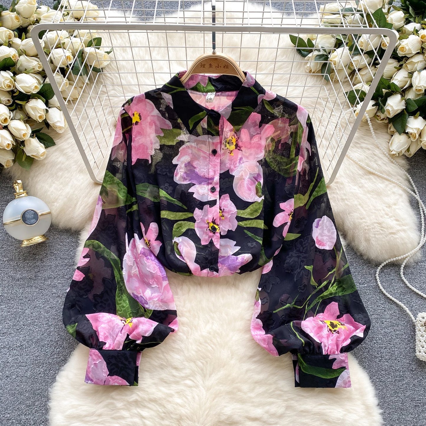 Camicia floreale in tulle retrò francese per donna estate