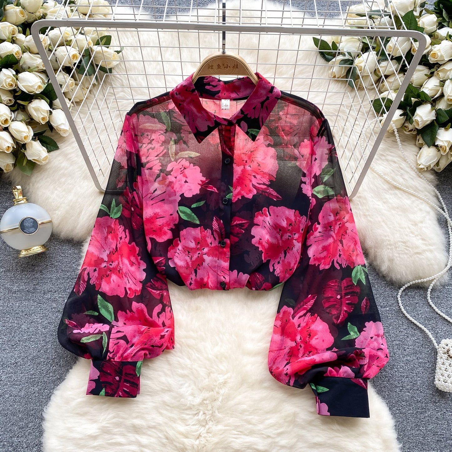 French Retro Tulle Floral Shirt For Women Summer