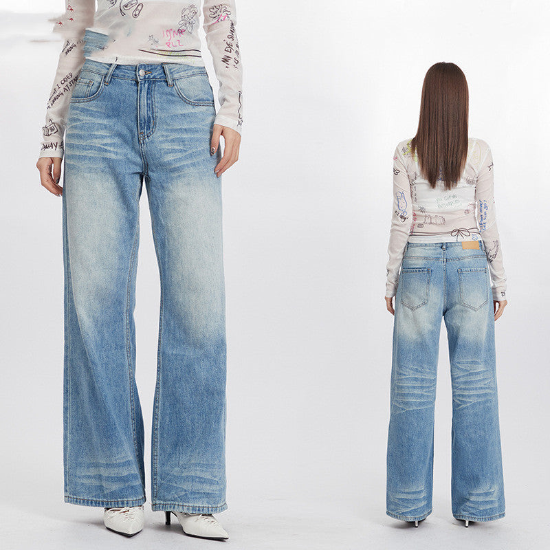 Hohe Taille Wash Drooping Straight Pants Damen Einfaches Design