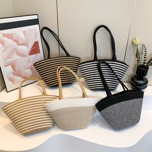 Borsa di paglia a contrasto di colore primaverile di grande capacità