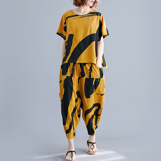 Kurzärmelige Haremshose aus Baumwolle und Leinen für Damen mittleren Alters