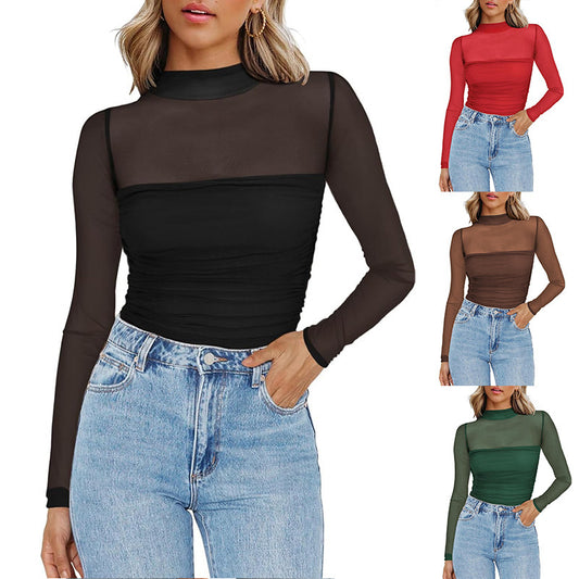 Round Neck Mesh Stitching Sheer Long Sleeve