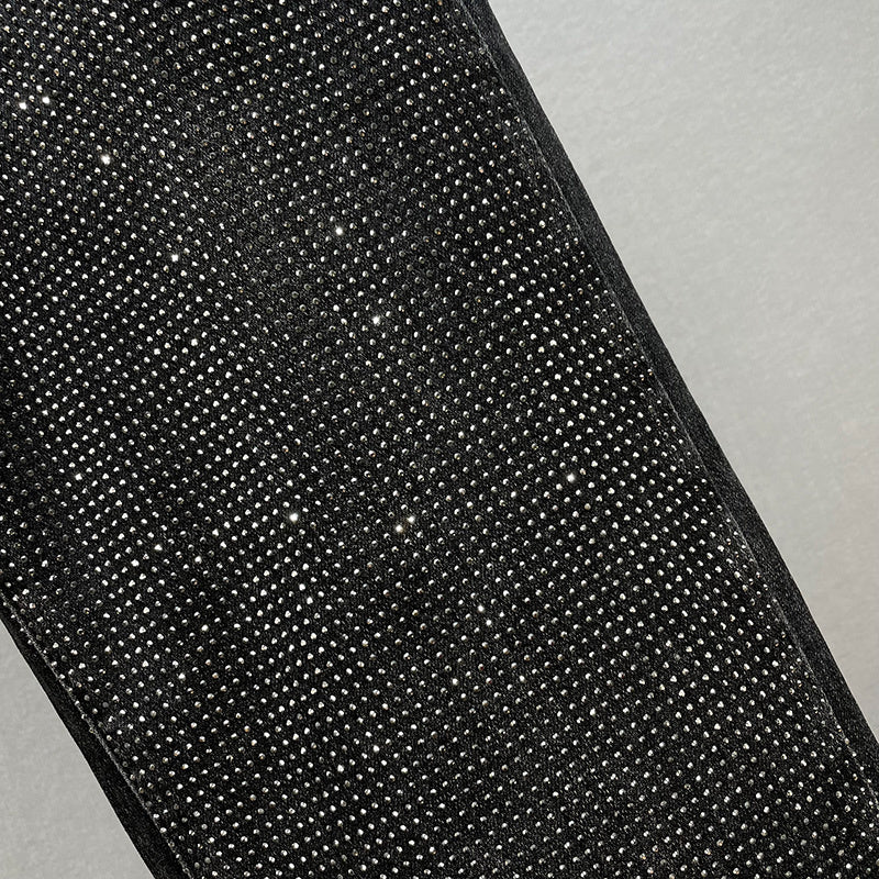 Jeans larghi da donna in cotone elasticizzato a vita alta snellenti con strass caldi