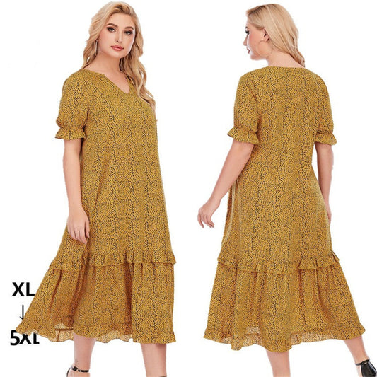 Locker sitzendes Kleid mit V-Ausschnitt, kurzen Ärmeln und Print