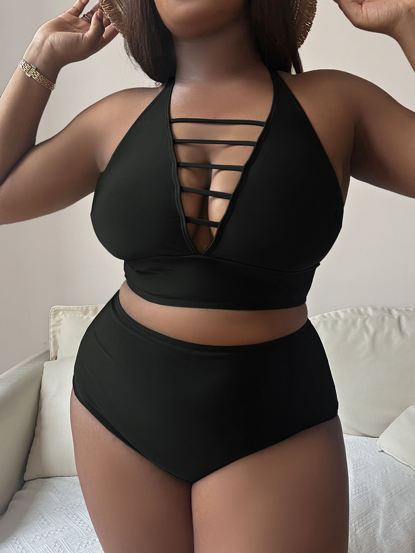 Plump Girls Plus Size Einfarbig Hohl Kreuz Schultergurt Verstellbar Neckholder Bikini