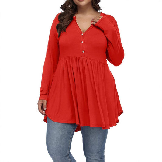 V-neck Buttons Pleated Long Sleeve Plus Size T-shirt