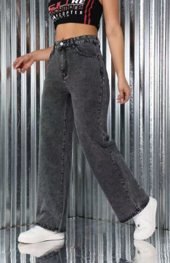 Jeans ricamati a vita alta pantaloni casual larghi dritti da donna