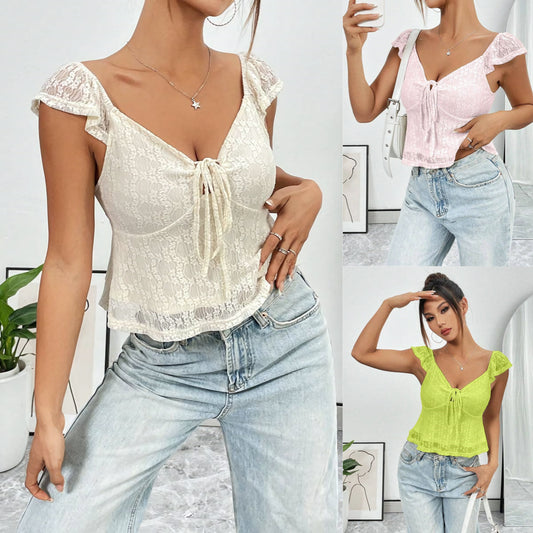Top corto casual in pizzo con fascia in pizzo e scollo a V