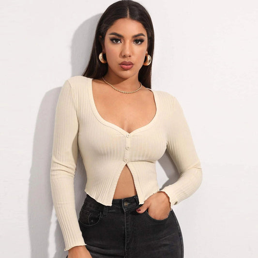Cardigan corto a maniche lunghe, maglietta sexy in maglia con bottoni