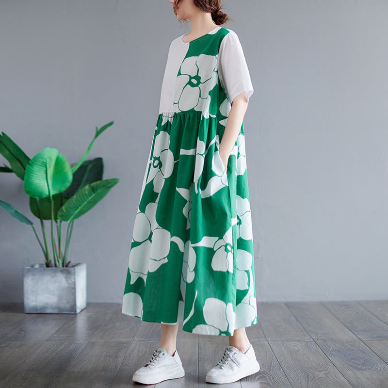 New Large Size Belly Cover Stitching Age-reducing Slim Dress Women