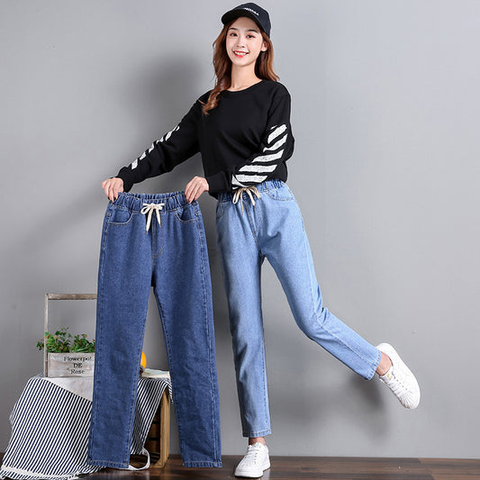 Jeans a vita alta con lacci elastici casual dritti da donna, pantaloni larghi