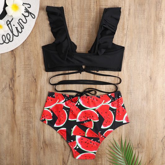 Sexy Bikini Print Hohe Taille Split Badeanzug Lady Lotusblatt